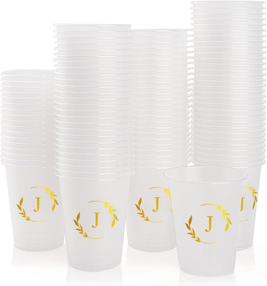 100 Monogrammed Cups Disposable Initial Plastic Cup 12 oz Wedding Personalized Cup for Wedding Reception Baby Shower Birthday Party(Letter J)