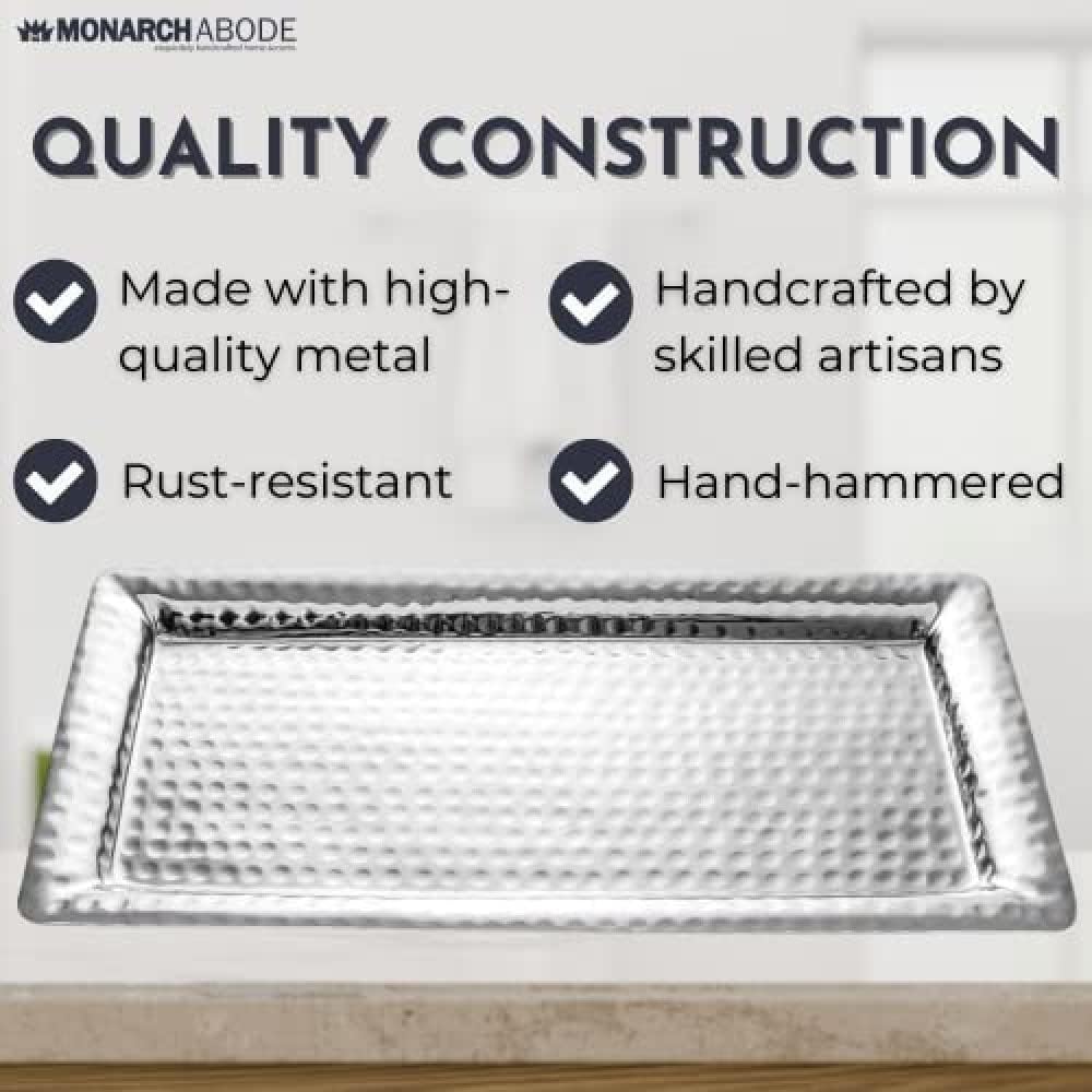 Monarch Abode Hand Hammered Metal Serving Tray, 12-Inch Nickel Finish – Rectangle Serving Platter, Small Serving Tray for Party, Fruit Platter, Dessert Trays, Serving Dishes