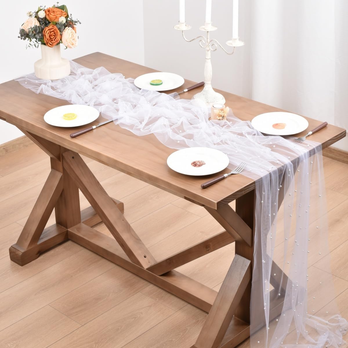White Pearl Fall Thanksgiving Table Runner Boho Rustic Tulle Lace Table Runner for Baby Shower Wedding Arch Decor Veil Dessert Table Decor 3pcs