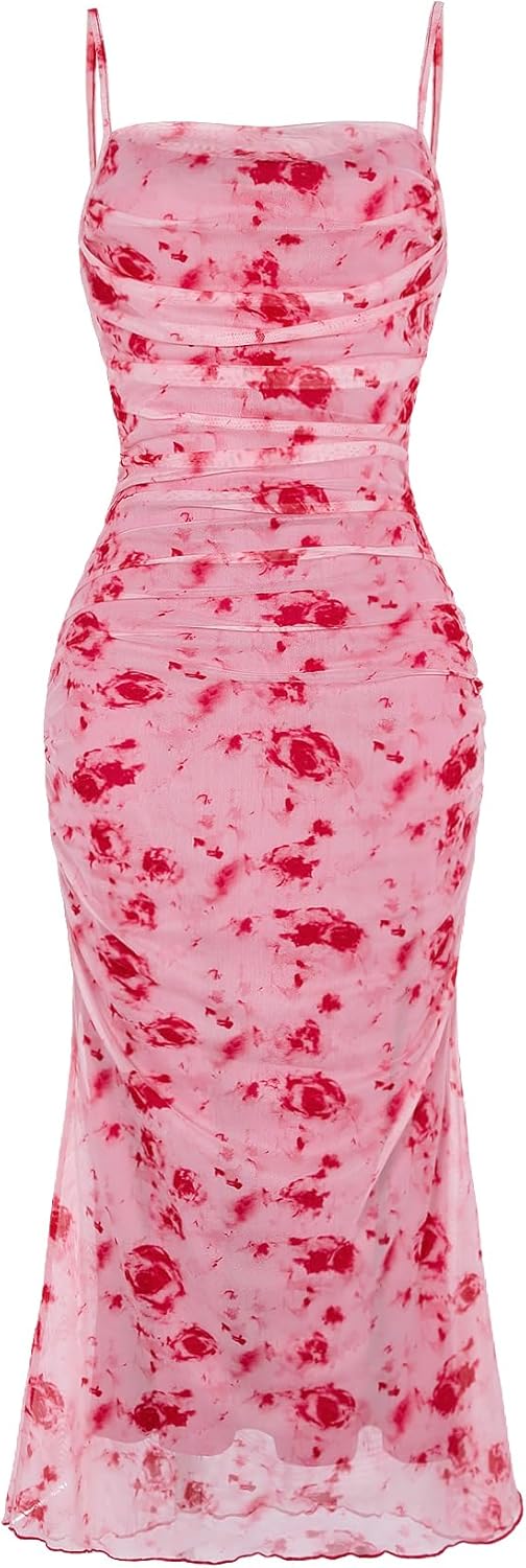GORGLITTER Women's Floral Ruched Bodycon Midi Dress Mesh Sleeveless Fishtail Cami Dresses