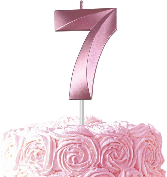 Pink Number 7 Candles, 3D Diamond 2.76 Inch Cake Topper Birthday Candles for Wedding Anniversary Cake Decorations, Happy Birthday Party Decorations
