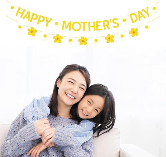 Happy Mother's Day Banner Set Decoration for Mother's Day Party Decorations Backdrop Garland for Mom Mother's Day Glitter Garland Photo Props (Gold Daisy)