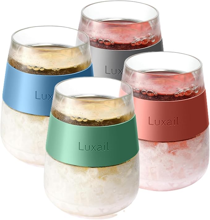 Wine Glasses, Plastic Wine Glasses Set of 4, Wine Gifts, Double Wall Insulated Freezer Tumbler, Stemless Freezer cups for Red and white Wine, 8.5 Oz, Multicolor