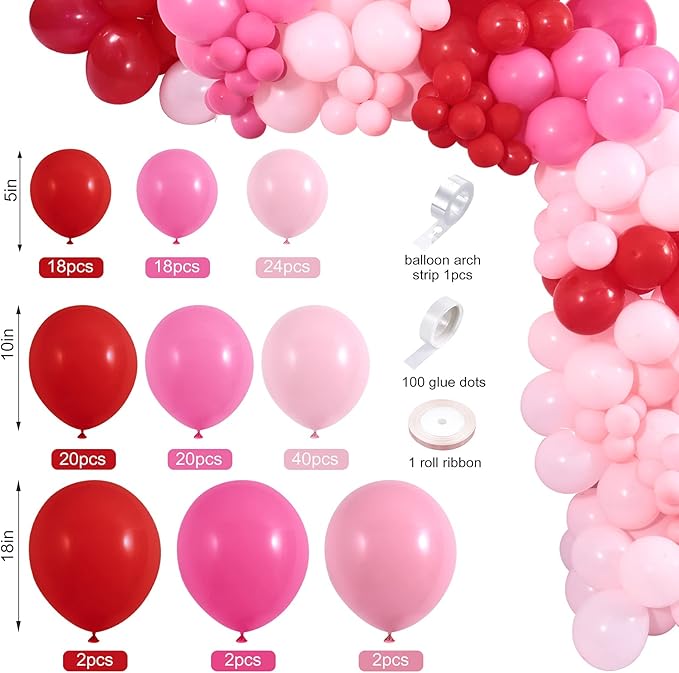 Winrayk 150Pcs Valentine's Day Balloon Garland Arch Kit Pink Red Rose Red Balloons 18" 10" 5" for Women Girls Valentine's Day Mother's Day Wedding Engagement Anniversary Party Decoration Supplies