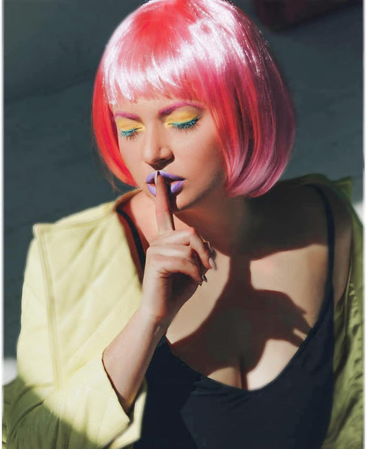 Short Bob Colors Wigs with Bangs, 6Pcs Cosplay Wig with Heart Sunglasses for Halloween Bachelor Party Decorations