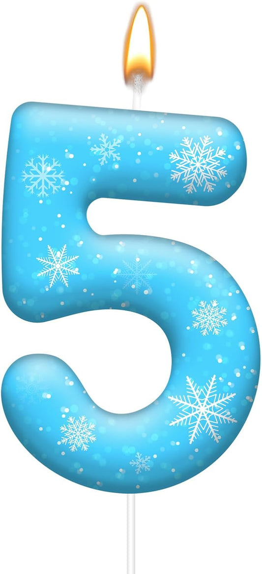White and Blue Frozen Themed Party Birthday Candles - Blue Number Candles Snowflake Themed Party Decorations, Girls Party Supplies(Number 5)