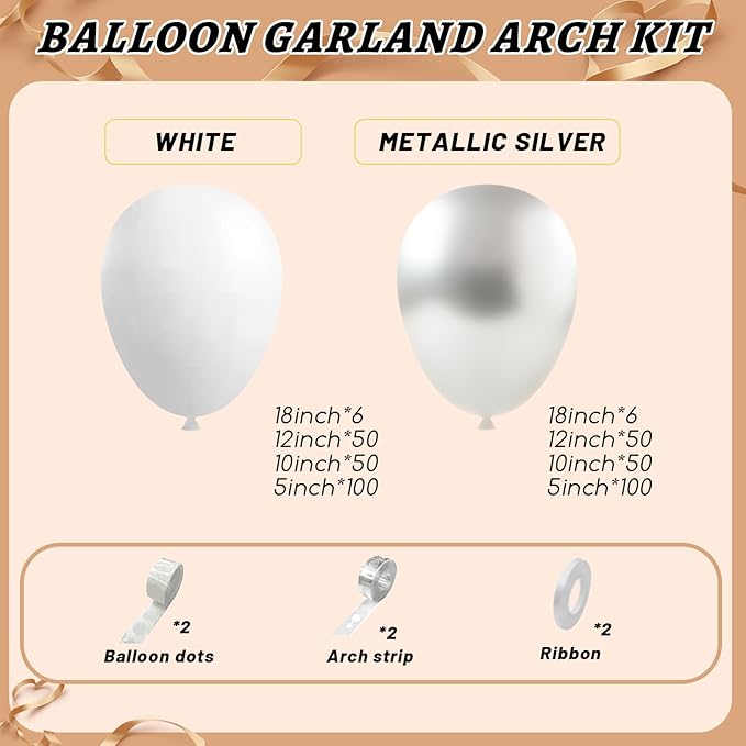 412Pcs White and Silver Balloons Arch Kit, 18 12 10 5 Inch White Metallic Silver Latex Balloon for Wedding Bridal Shower Engagement Anniversary Birthday Party Decorations