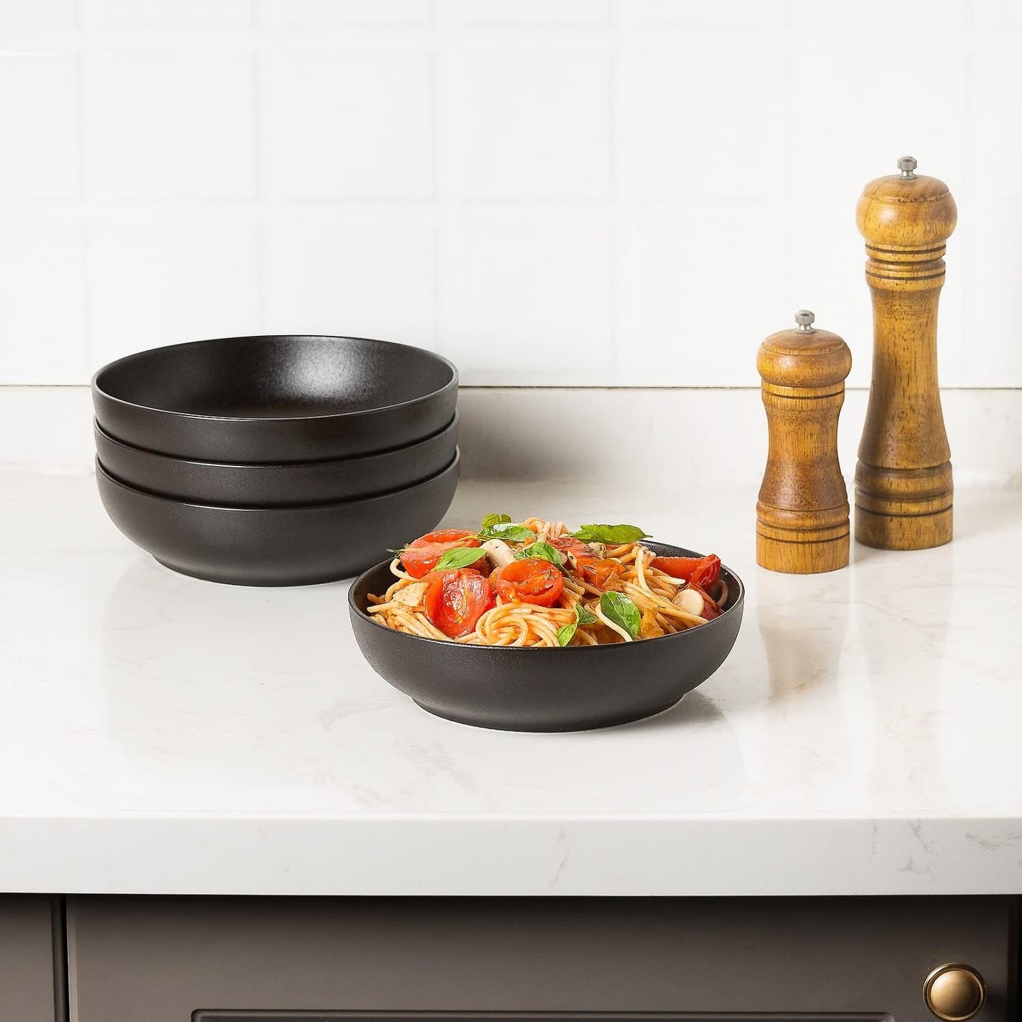 30oz Ceramic bowls set of 4-8" serving bowls for Kitchen,Pasta,Salad-Dishwasher & Microwave Safe Perfect for Housewarming, Thanksgiving, Christmas-Matte Black