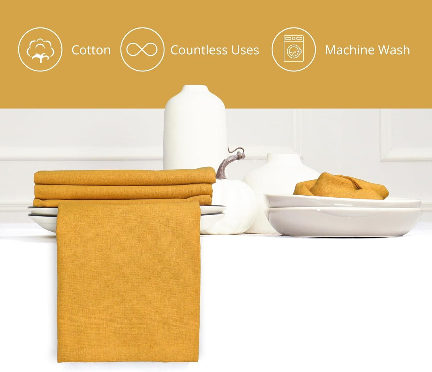 PurpleEssences Set of 12 Cloth Dinner Napkins 100% Cotton 18x18 Inch - Soft Durable Washable - Ideal for Farmhouse Party Fall Thanksgiving - Perfect Everyday Use Table Linen - Golden Yellow