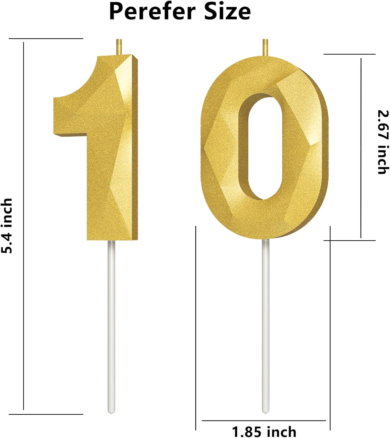 Number Birthday Candles(10 Candle Gold) 3D Diamond Shape Number Happy Birthday Cake Candles for Birthday Party Wedding Decoration Reunions Theme Party