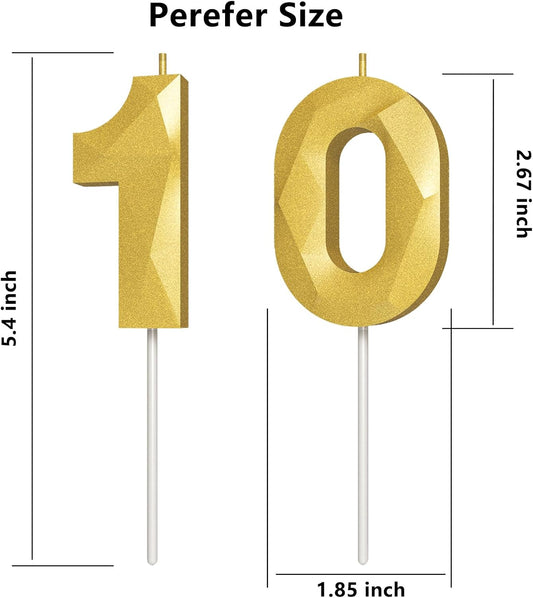 Number Birthday Candles(10 Candle Gold) 3D Diamond Shape Number Happy Birthday Cake Candles for Birthday Party Wedding Decoration Reunions Theme Party