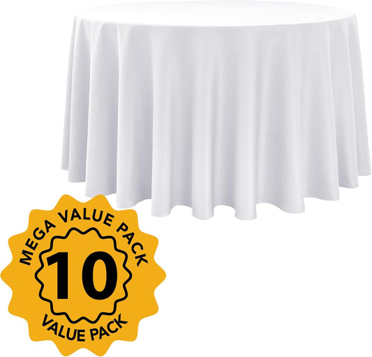 10-Pack White Round Tablecloths, 108 Inches, Stain-Resistant Polyester for 4-5 Ft Round Tables - Washable Table Covers for Weddings, Banquets, Birthday Parties, Events