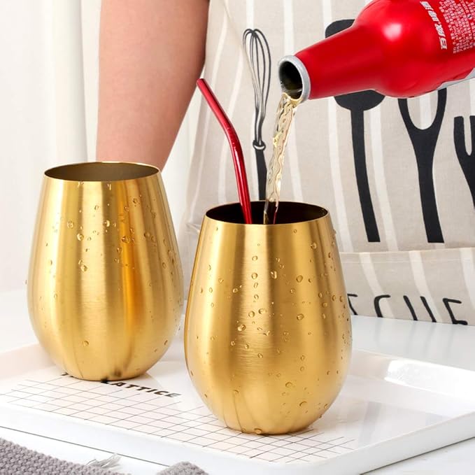 Buyer Star 304 Stainless Steel Wine Glasses Set of 2 - Large 17 oz Outdoor Stemless Wine Tumblers - 100% Unbreakable & Stemless Metal Drinking Cups for Home and Outdoors Dishwasher safe (Black&Gold)