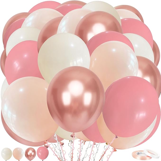 Dusty Pink Balloons Set, 60pcs 12 inch Retro Blush Pink Ivory White Metallic Rose Gold Nude Beige Latex Balloons Kit for Girls Women Birthday Bridal Baby Shower Weddings Party Decoration