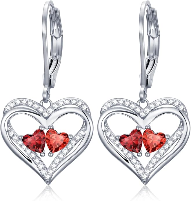 Valentines Day Gifts for Women, Heart Leverback Earrings Double Birthstone Dangle Earrings for Women, Love Jewelry for Her, Anniversary Birthday Gift for Mom Wife Girlfriend