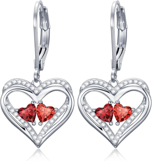 Valentines Day Gifts for Women, Heart Leverback Earrings Double Birthstone Dangle Earrings for Women, Love Jewelry for Her, Anniversary Birthday Gift for Mom Wife Girlfriend