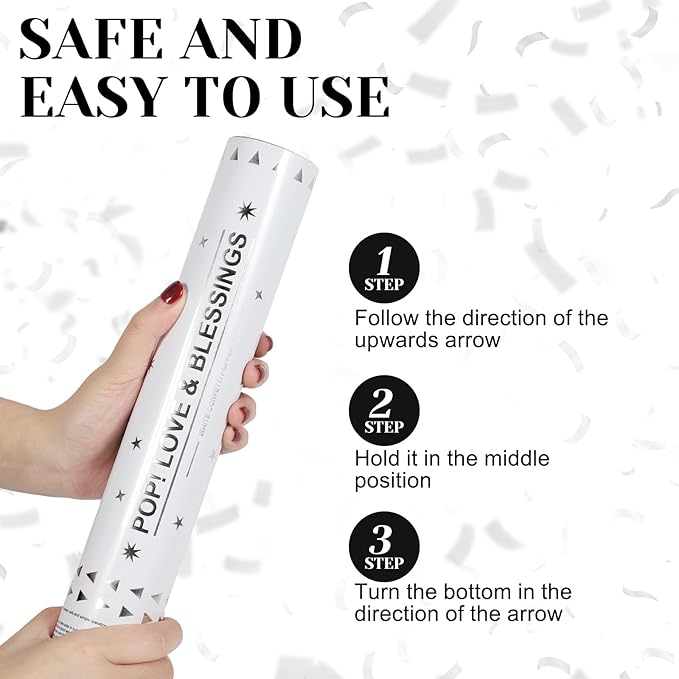 White Confetti Poppers 6 Pack,Biodegradable Confetti Connon,12inch Rice Paper Water Soluble Confetti Tube For Lawns Outdoor Wedding,Birthday,Celebrations