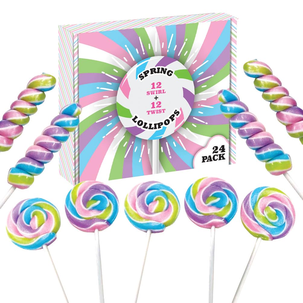 Spring Easter Candy - 24 Lollipops Individually Wrapped - 18g Swirl and 12g Twisty Lollipops - Easter Basket Candy - Egg Hunts - Candy Buffet