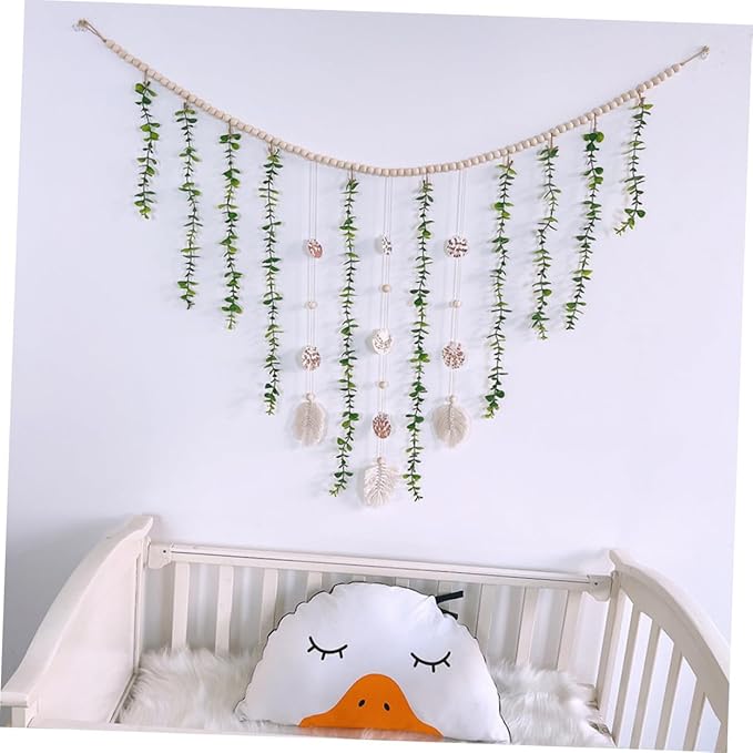 Wooden Bead Pendant with Artificial Eucalyptus Leaves Hanging Garland Lightweight Rustic Wall Decor for Bedroom Farmhouse Style Leaf Vines Pastoral Accent for Home and Party