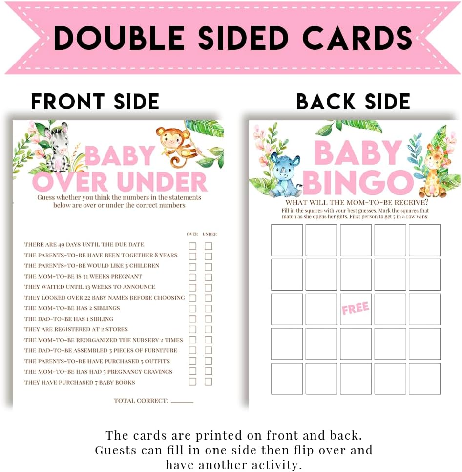 Amanda Creation Baby Shower Games 8 Game Set Watercolor Jungle Animals Girl 80 Double-Sided Cards for 20 Guests. Baby Shower Bingo, Baby Predictions & Activities for Guests. Theme for Girl