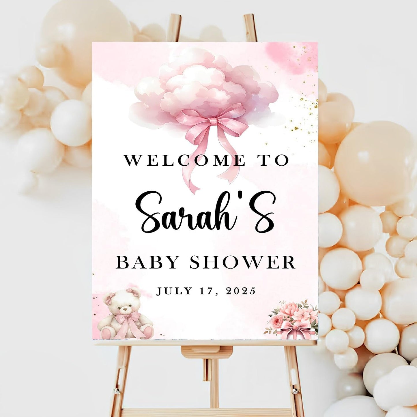 Editable Pink Bow Welcome Sign For Baby Shower, Baby Shower Decor, Ribbon Blush Baby Shower Decoration, Baby Shower Welcome Sign, Baby Shower Sign Stand, Sweet Baby Shower Personalized
