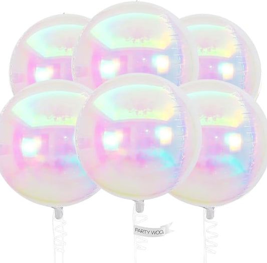 PartyWoo Iridescent Foil Balloons 6pcs 22 Inch Large Round Foil Big Giant 4D Jumbo Inflatable Mirror Ball Mylar Balloons for Wedding Anniversary Birthday Baby Shower Disco Party Decorations