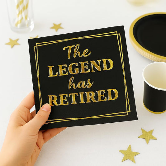 100‑Pack ‘The Legend Has Retired’ Black & Gold Napkins – 2‑Ply Cocktail, Lunch & Dinner Party Napkins – Elegant, Disposable Retirement Party Decoration – 6.5″ x 6.5″ Folded (Large, 100, Count)