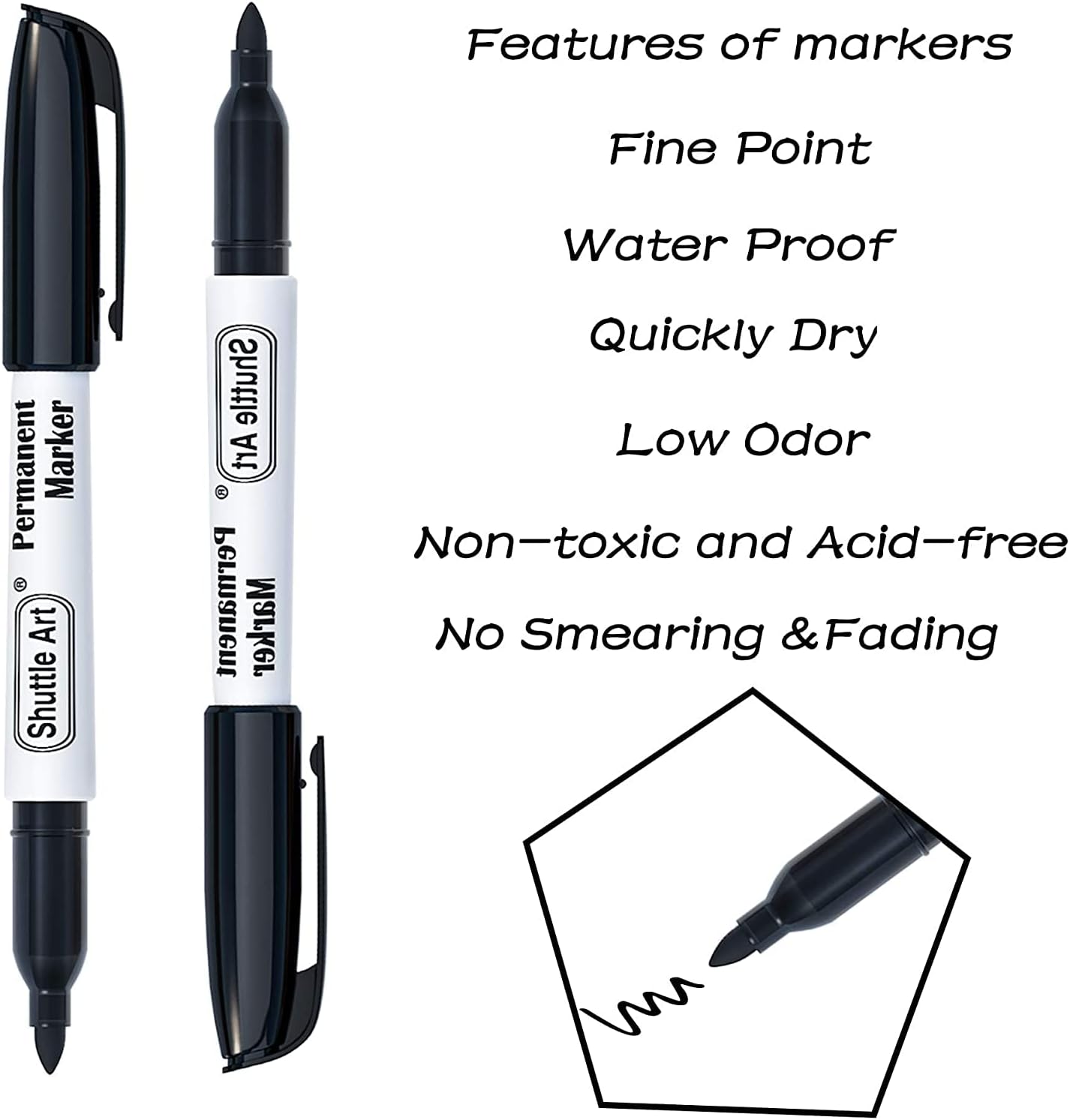 Shuttle Art 24 Black Permanent Markers Fine Tip Markers, Perfect on Plastic, Wood, Stone, Metal and Glass for Doodling, Coloring, Marking, School Supplies