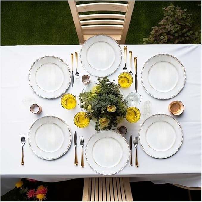 White Charger Plates with Beaded Rim, 13" Vintage Round Charger for Dinner Plates, Set of 6 Plastic Plate Chargers for Wedding Table Setting,Party Decoration.