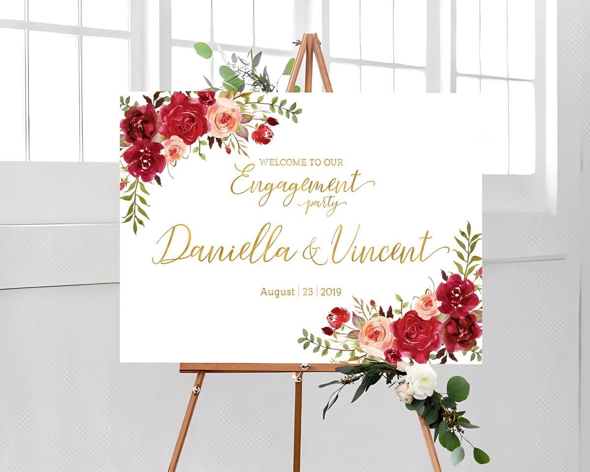 Pink Red Flower Engagement Party, Engagement Welcome Sign
