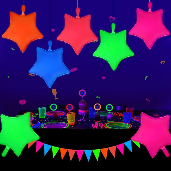 Mega-L Glow in the Dark Party Supplies, 5 Pcs Neon Star Balloons Set – Fluorescent Red, Lemon Yellow, Fuchsia, Blue and Orange Balloons Perfect for Birthday, Wedding, Anniversary, Graduation Party