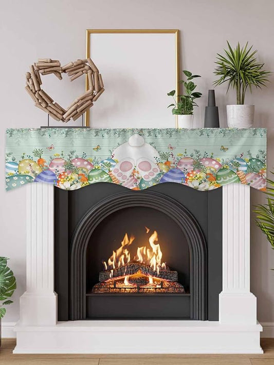 Cute Easter Bunny Fireplace Mantel Scarf Table Runner, Eucalyptus Leaves Colorful Eggs Teal Wooden Winter Garland Mantel Top Tablerunners Dresser Scarves Cover for Windows Party Living Room 70''x17''
