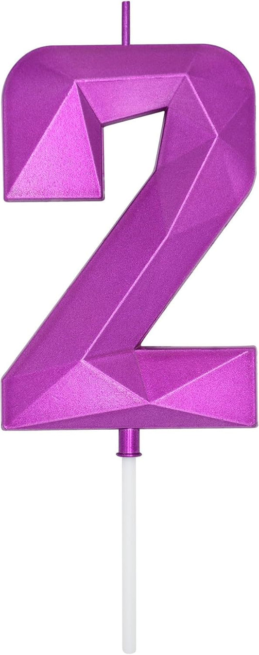 DERVENTA Large Birthday Candle Number 3D Purple 3.7 inch Party Celebration Anniversary Decoration Cake Topper 1 Piece (Number 2 Purple)