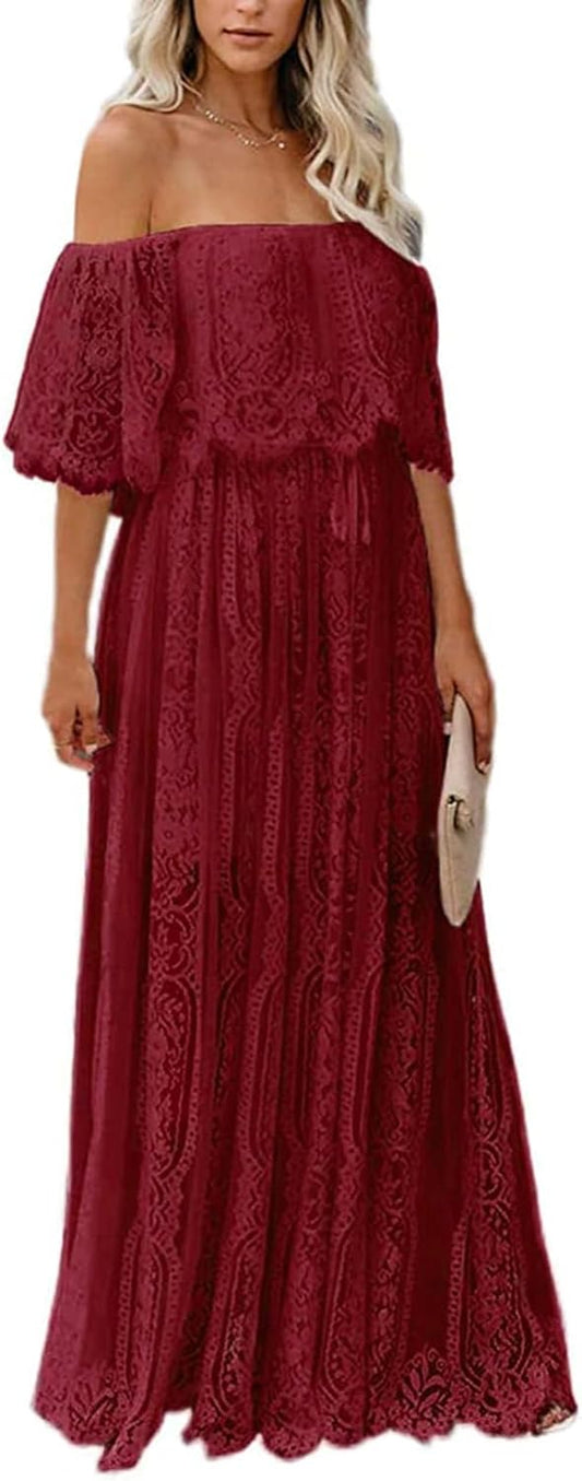 HOYISHION Women's Off The Shoulder Floral Lace Maxi Dress White Bridesmaid Wedding Party Maternity Photoshoot Long Dresses