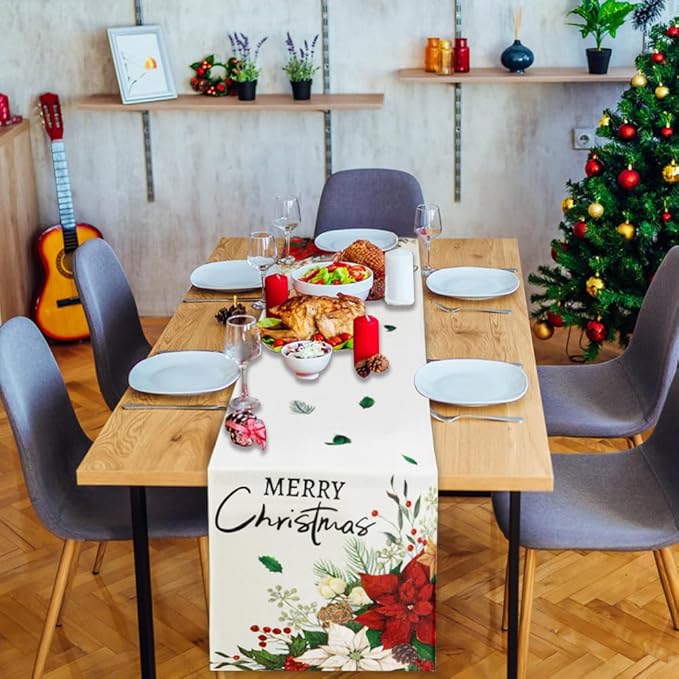 Merry Christmas Winter Table Runner, 13x72 inch Red Floral Holly Berry Vintage Xmas Seasonal Holiday Kitchen Dining Table Runners for Home Indoor Mantel Party Farmhouse Decoration