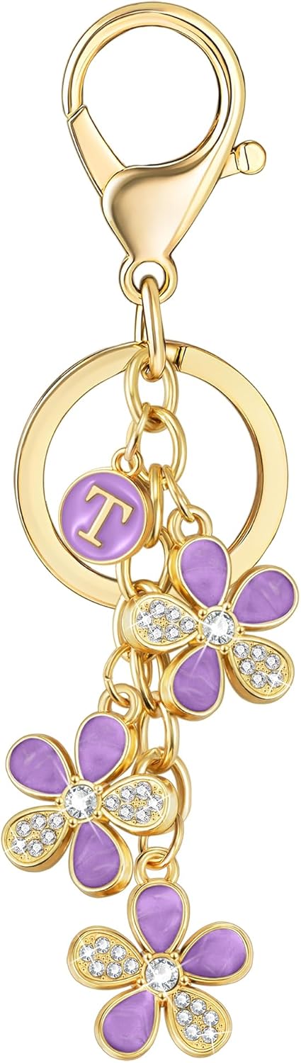 XGALBLA Cute Flower Crystals Rhinestone Initial Letter Keychain for Women, Bag Charms Bling Sparkly Enameled Keychain Handbag