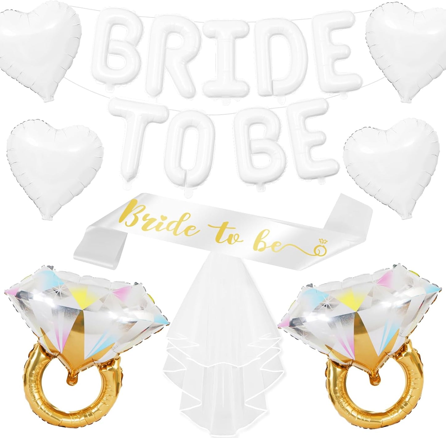 White Bachelorette Party Decorations, White Bride to Be Banner Heart Balloons with Diamond Ring Foil Balloon, Gold Bride to Be Sash&Veil for Bachelorette Engagement Gift Bridal Shower Party Supplies