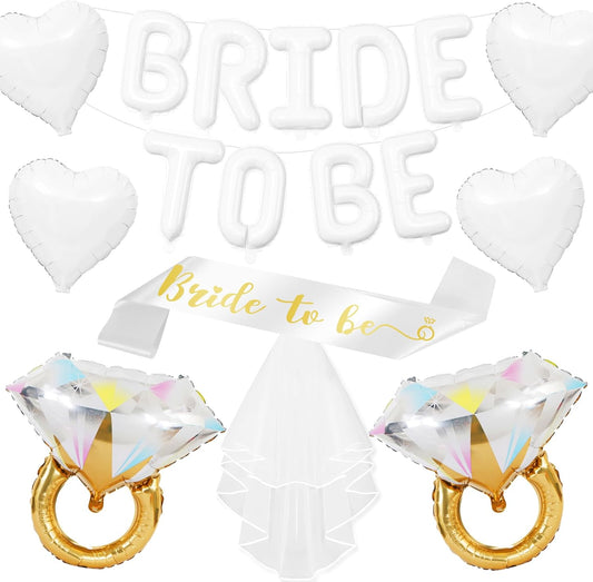 White Bachelorette Party Decorations, White Bride to Be Banner Heart Balloons with Diamond Ring Foil Balloon, Gold Bride to Be Sash&Veil for Bachelorette Engagement Gift Bridal Shower Party Supplies