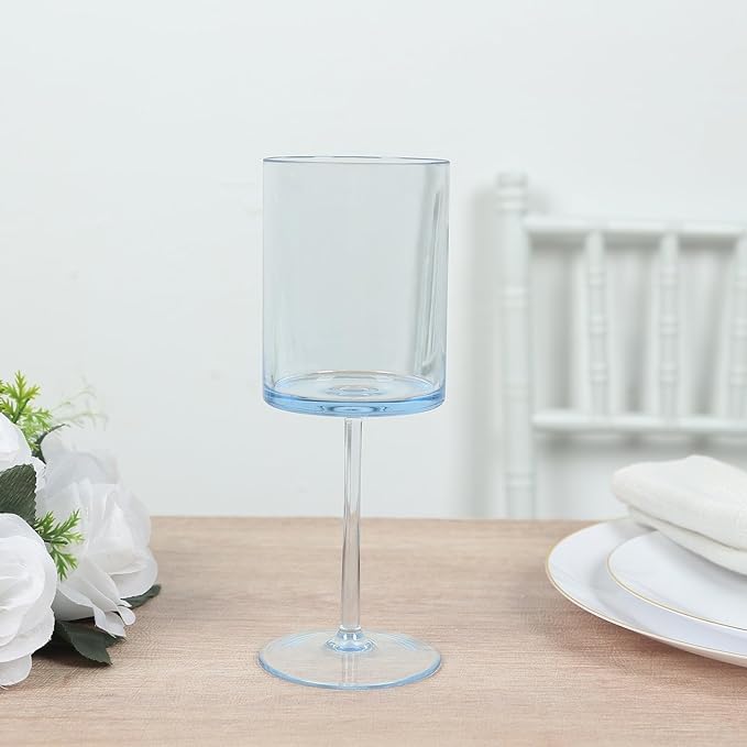 Efavormart 6-Pack Transparent Dusty Blue Plastic Cylindrical Wine Glasses 10oz, Long Stem - Shatterproof Reusable Cocktail Glasses
