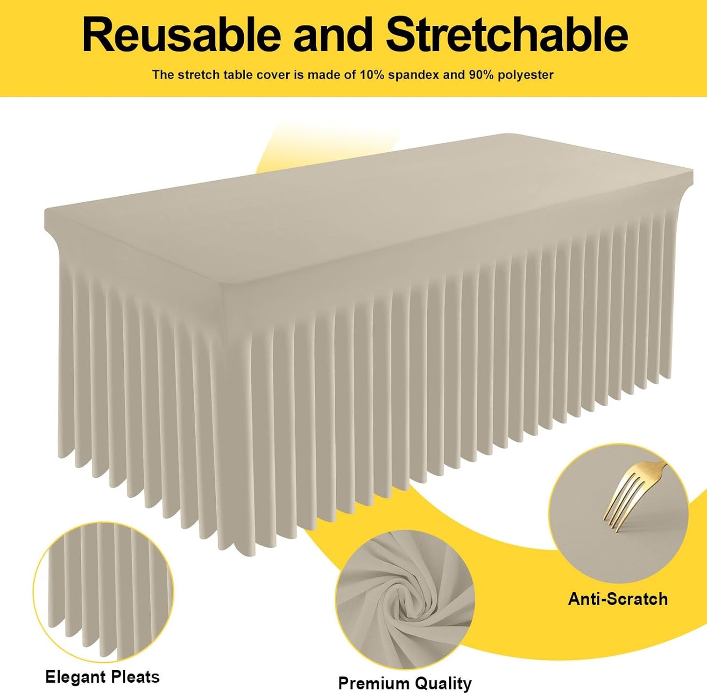 Smiry Spandex Tablecloth 2 Pack, Elastic Fitted Stretch Tablecloth for 6FT Rectangle Tables, Waterproof Washable Table Cover Skirt for Outdoor, Wedding, Banquet & Parties (Taupe, 72Lx30Wx30H Inch)