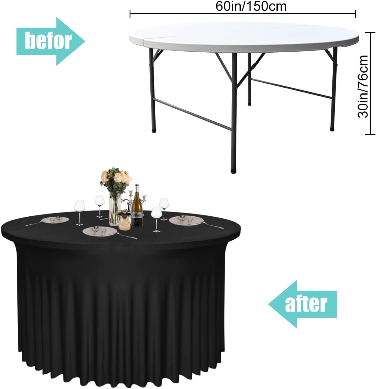 4 Pack Black Round Table Skirt, 60 Inch Diameter x 30 Inch Height, Stretch Polyester Spandex Tablecloth for 5ft Round Tables, Stain & Wrinkle Resistant for Wedding, Banquet Decor
