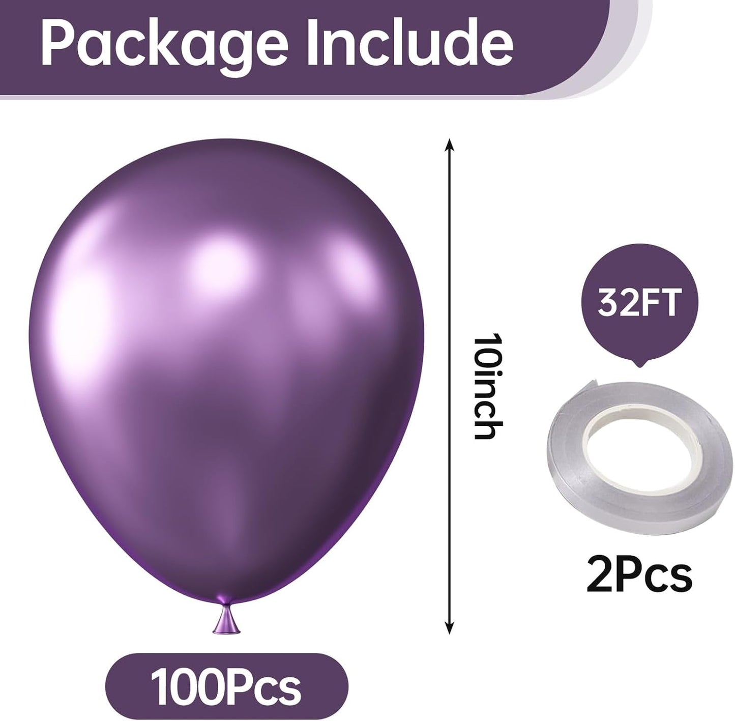 KALOR 10 Inch Metallic Purple Balloons, 100 Pcs Latex Helium Metallic Balloons for Kid's Birthday Party Baby Shower Wedding Graduation Graduation Party Decorations