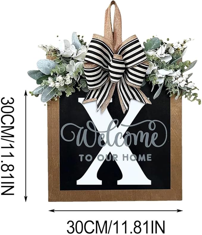 Last Name Year Round Front Door Wreath Front Porch Decoration 26 Letter Welcome Sign with Eucalyptus Garland and Bow Spring Wreaths for Front Door Outside Hanger Garland（X）
