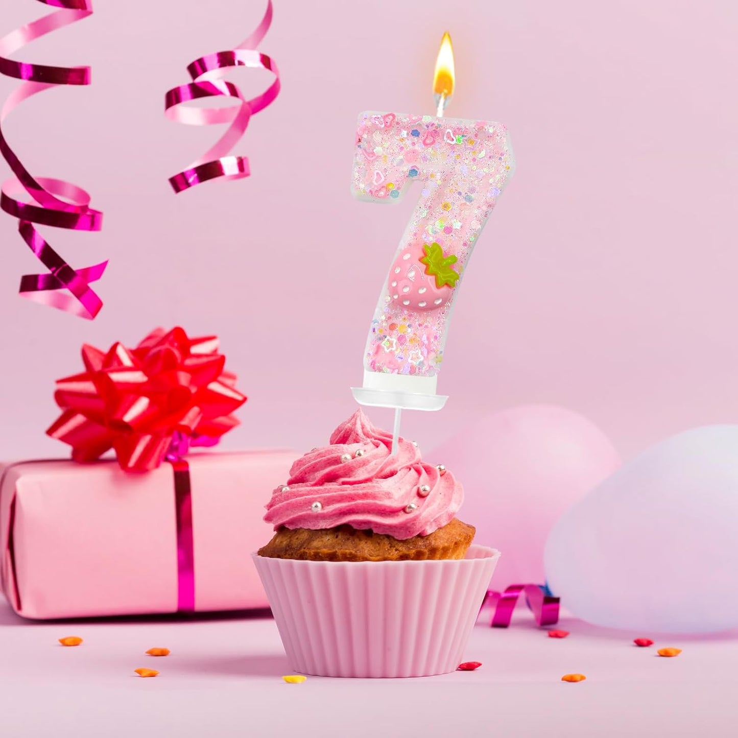 HXOUSE Strawberry Number 7 Birthday Candles - Pink Berry Birthday Candles for Cake, 7 Candle Topper for Anniversary Celebrations Supplies, Strawberry Party Decorations for Girl (No.7)