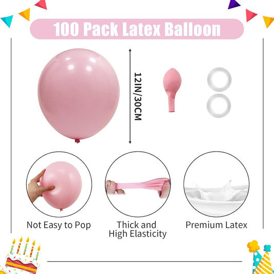 Pastel Pink Balloons - 12 inch 100pcs Latex - Round Light Pink Balloons with 2 Ribbons for Birthday Party, Wedding, Anniversary, Baby Shower Decorations