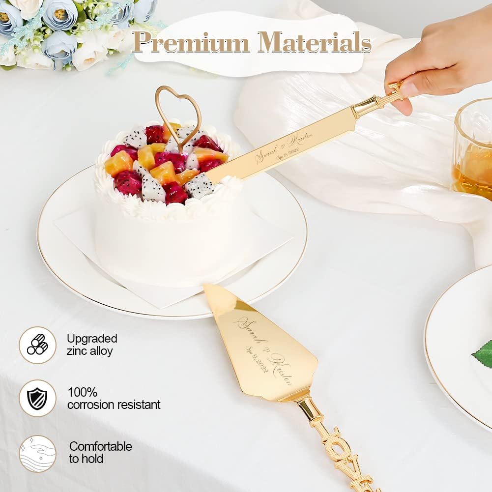 Wedding Cake Knife and Server Set, Personalized Gold Cake Cutting Set for Wedding, Engraved Classic Cake Knives Cutter Set, Pie Server, Birthday Bridal Quinceañera Gift (CUS-Love)
