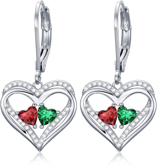 Valentines Day Gifts for Women, Heart Leverback Earrings Double Birthstone Dangle Earrings for Women, Love Jewelry for Her, Anniversary Birthday Gift for Mom Wife Girlfriend