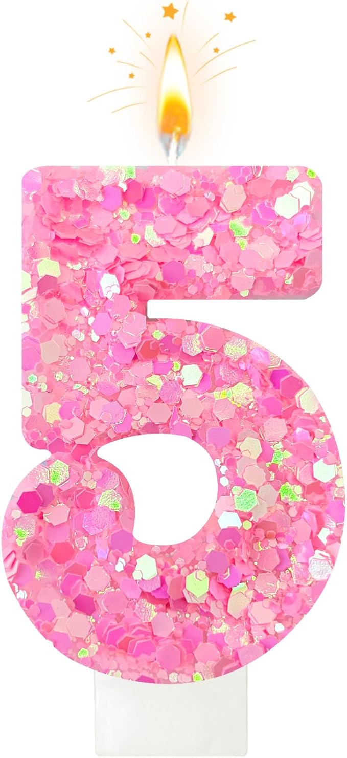 Zailo Birthday Number Candles, Glitter Number Candle Cake Decorations with Sequins, Cupcake Decorations for Girls, Women, Party Anniversary Celebrations (Number 5, Light Pink)