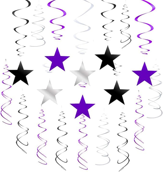 MOWO Purple Black Silver Star Swirl Hanging Decoration for Graduation Retirement Halloween Bachelor Theme Party Supplies, Pack of 20