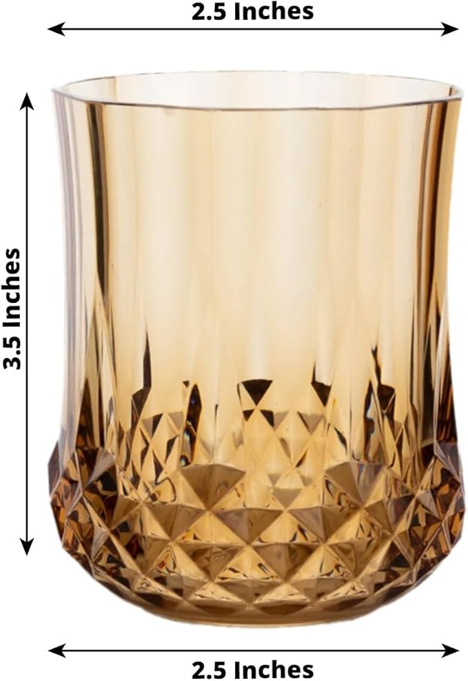 Efavormart 6 Pack Amber Gold Crystal Cut Plastic Stemless Wine Glasses, 8oz Shatterproof Reusable All-Purpose Whiskey Cups